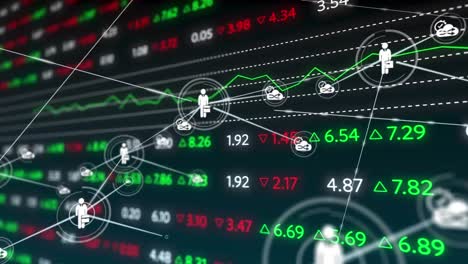 animación de la red de conexiones con iconos sobre datos financieros