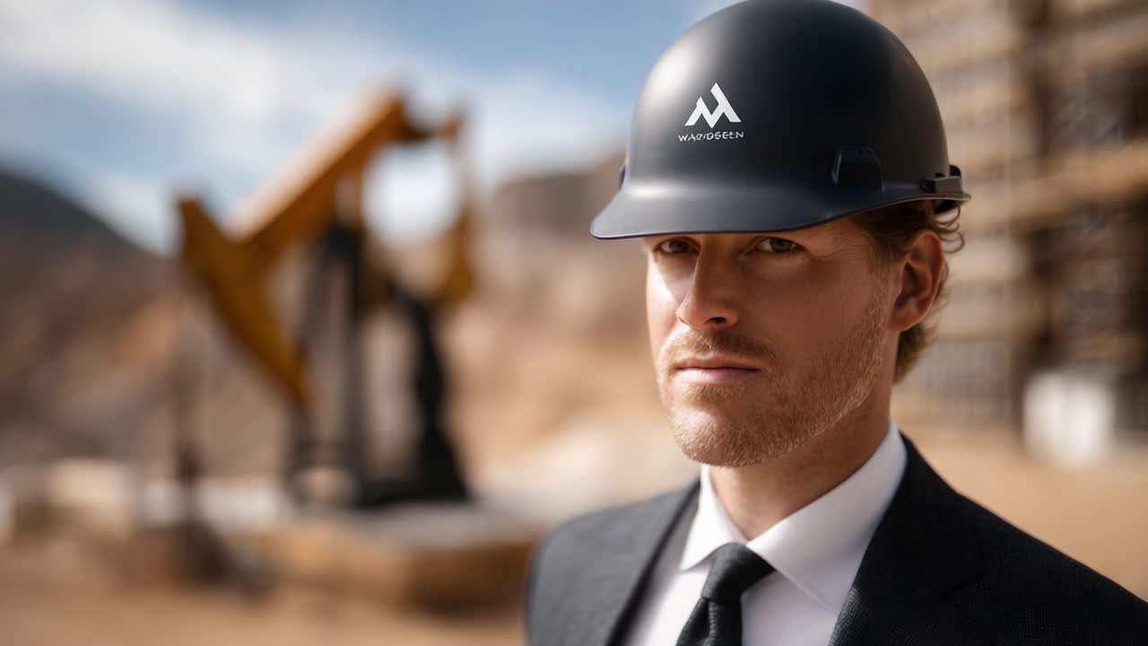 A Professional Exuding Confidence in a Slick Suit and Safety Helmet at a Construction Site, Highlighting the Intersection of Business and Industry