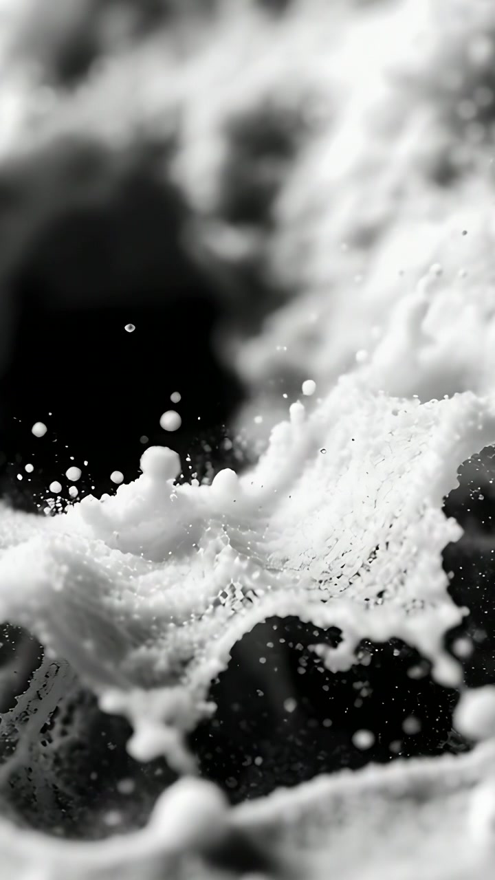 Video verticale: Fluido bianco viscoso che viene espulso formando archi e goccioline in studio, con filamenti.
