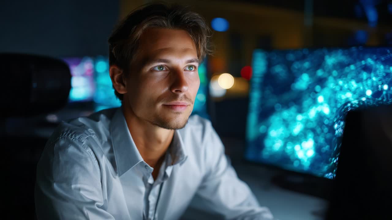 Focused Professional in Front of Computer Screens Surrounded by Digital Glows Emphasizing Concentration and Innovation in a Modern Workspace, Capturing a Moment of Intense Engagement with Technology
