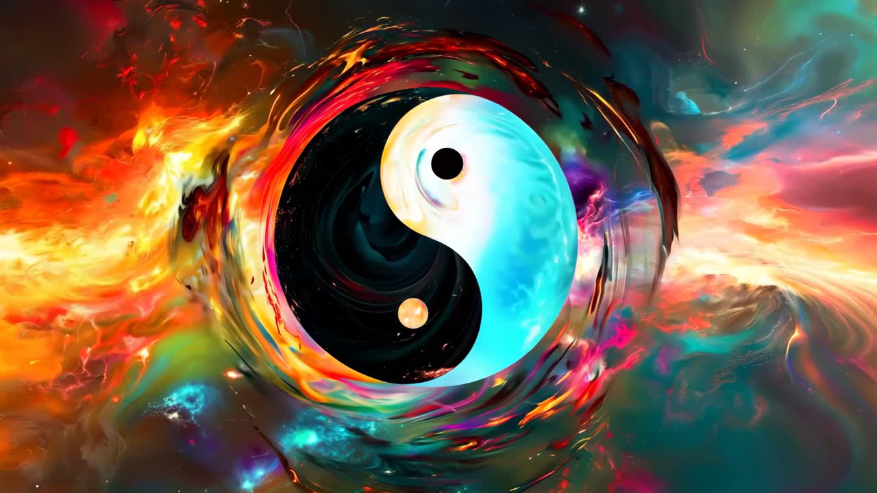 un símbolo de yin y yang en el medio de una nebulosa colorida