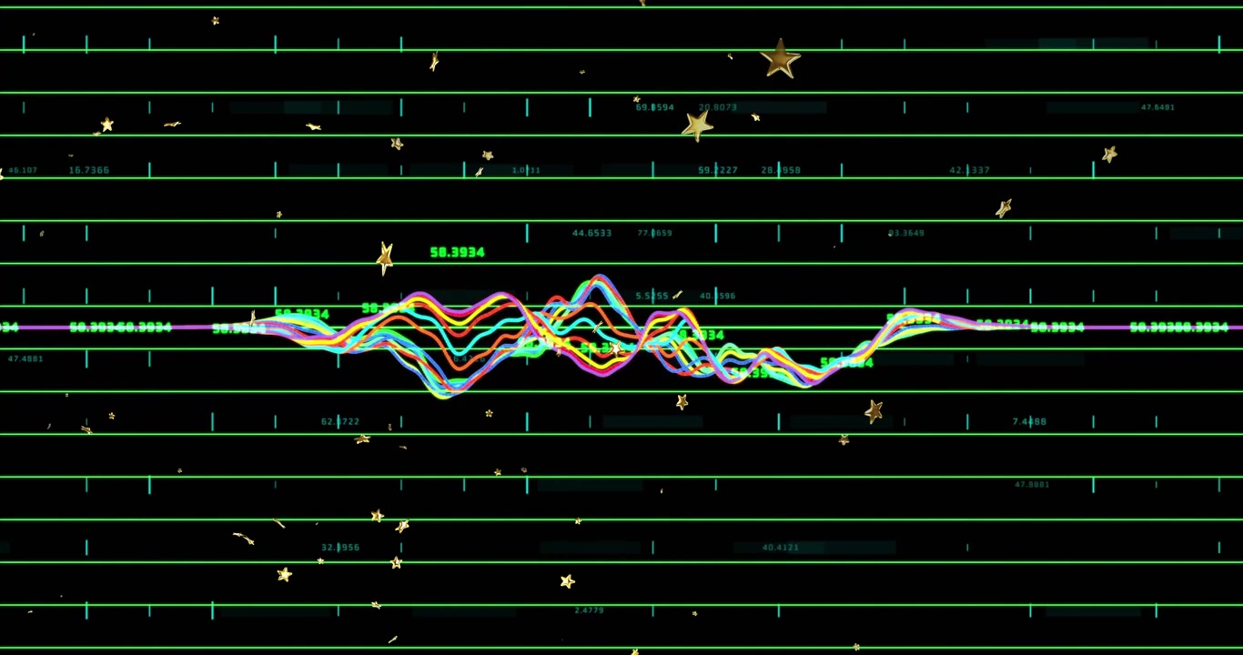 Multicolored waveform oscillating on black neon grid with floating numeric labels and gold stars