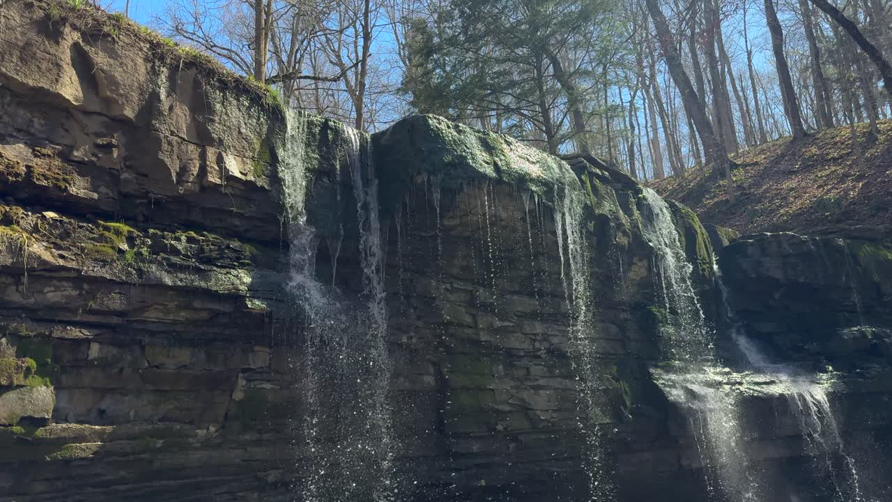 Water splashing onto rocks below small waterfall with forest in background