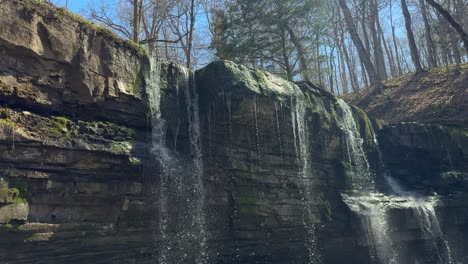 water splashing onto rocks below small waterfall with forest in background