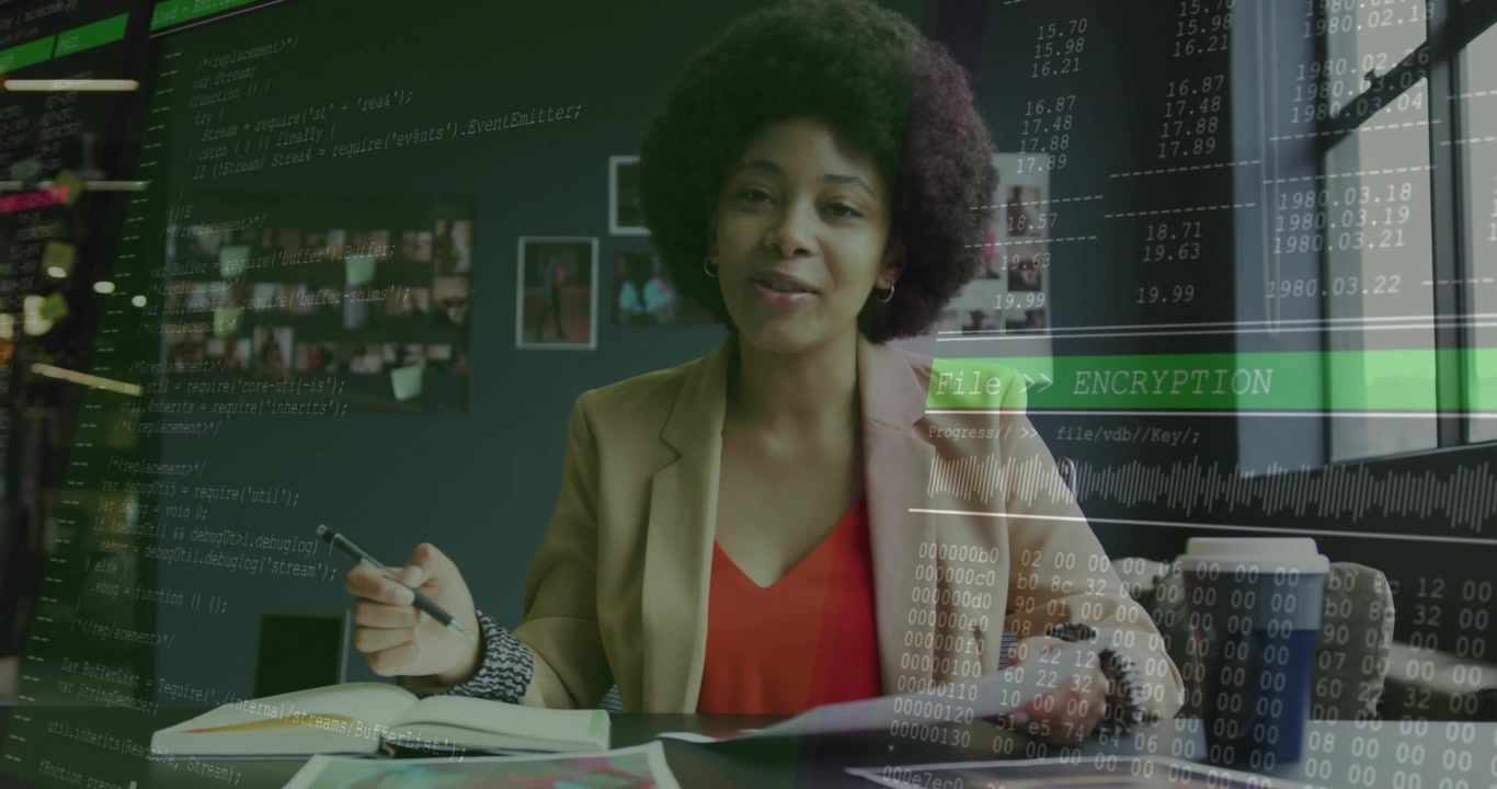 woman shuffling reports initiating encryption overlay while examining documents and securing data