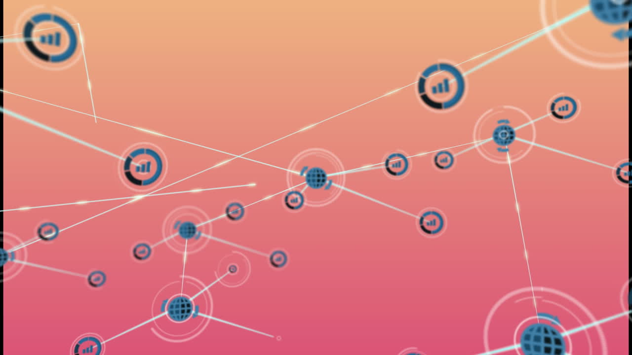 Animation of network of digital icons against pink gradient background