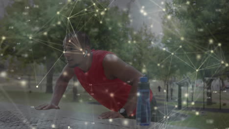 animación de una red de comunicación brillante que se mueve sobre un atleta masculino haciendo ejercicio al aire libre