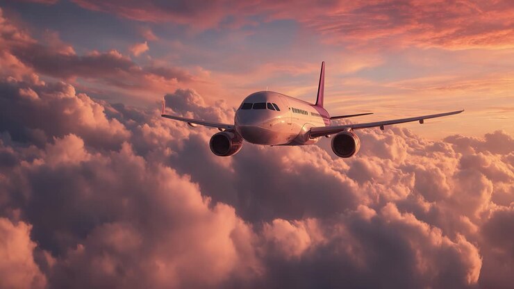 Stunning Aerial View of an Airplane Gliding Above Soft Cotton Candy Clouds at Sunset, Showcasing the Beauty of Flight in the Golden Hour