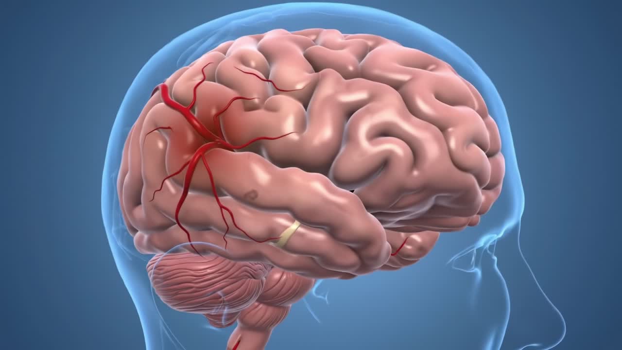 Detailed Visualization of a Human Brain withHighlighted Vascular Structures Illustrating Intricate Anatomy and Potential Areas of Concern in Neurological Health