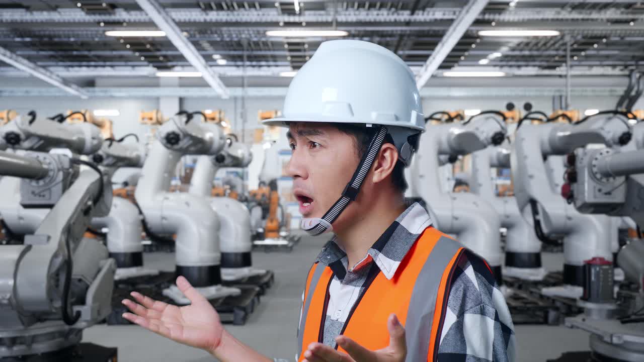 로 공장에서 놀라움을 표현하는 엔지니어