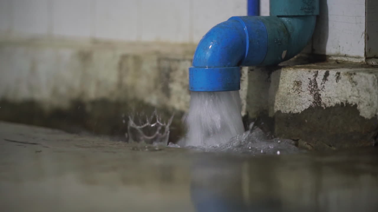 las fuertes lluvias provocan un fuerte flujo de agua de un tubo de desagüe azul