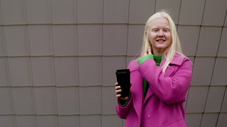 Glad kvinde holder kaffekop udendørs