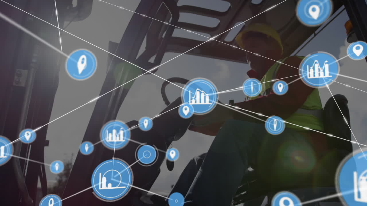 Operating machinery, construction worker with network of location and data icons animation