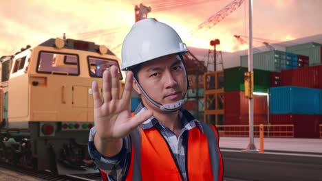 close up of asian male engineer with safety helmet disapproving with no hand sign while standing with freight cargo train at port