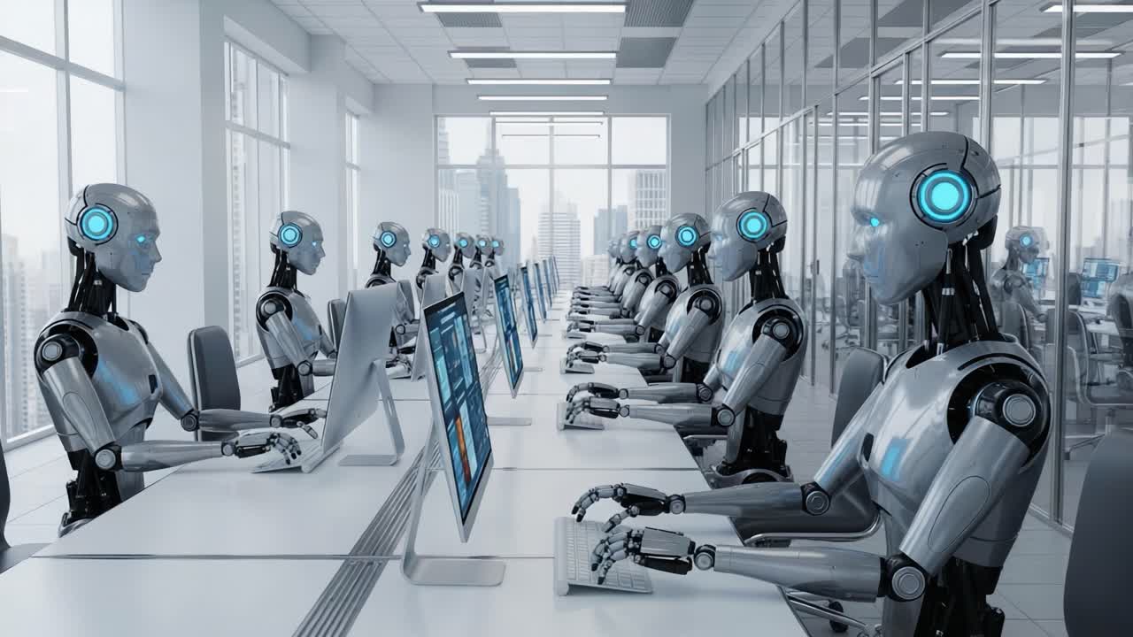 A Futuristic Office Scene with Advanced Robots Engaged in Work: An Insight into AI Integration in Modern Workspaces and the Rise of Automation Technology