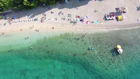 Aerial-top-down-view-of-people-swimming-in-sea,-relaxing-at-the-beach