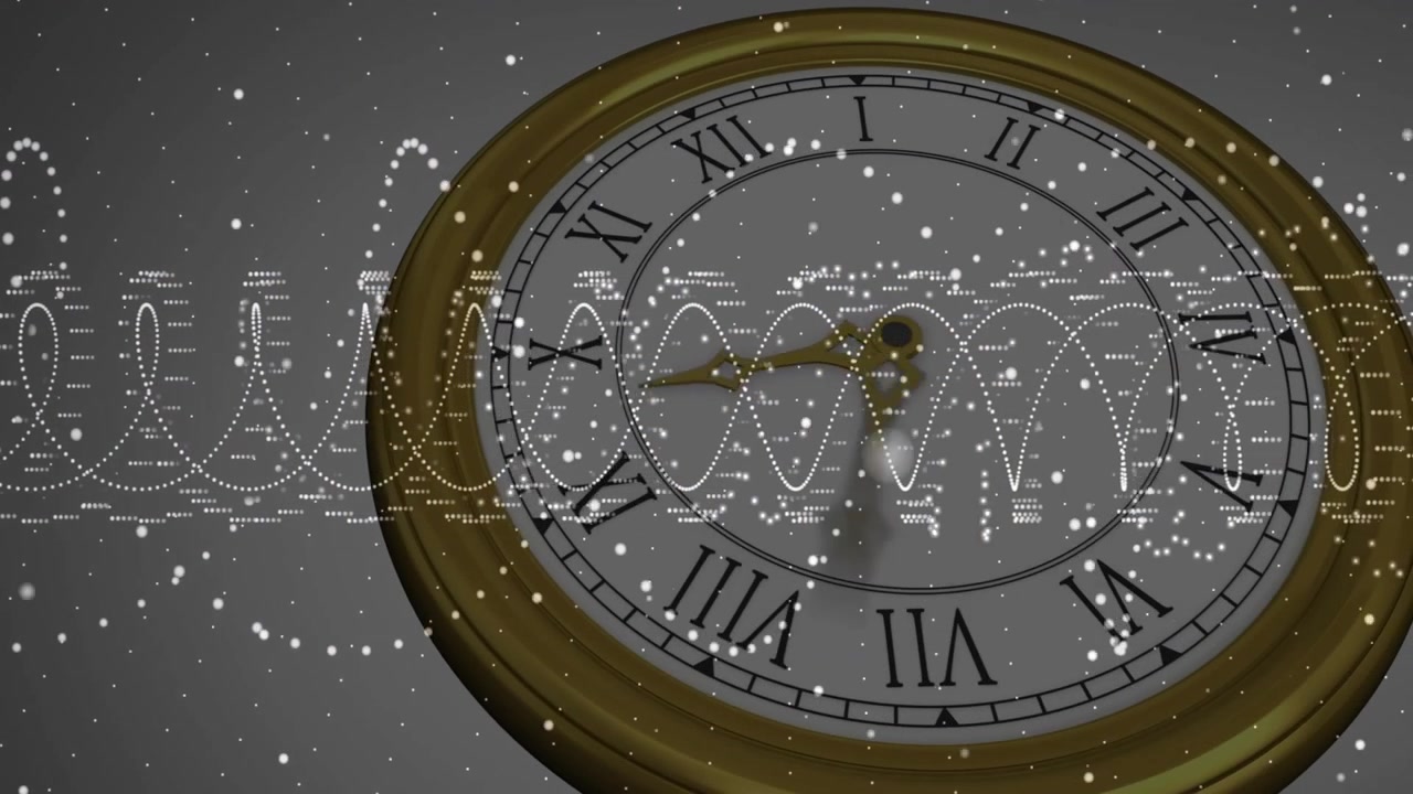Clock face appearing triggers dotted wave oscillating, falling dots and hands moving showing time