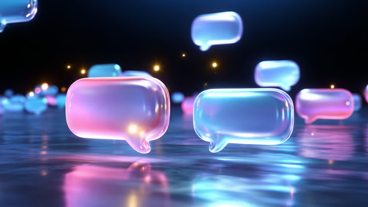 Floating Speech Bubbles in a Vibrant Digital Landscape, Illuminated with Soft Glows, Representing Communication, Interaction, and Connection in the Modern Digital Age Through Colorful Light Effects
