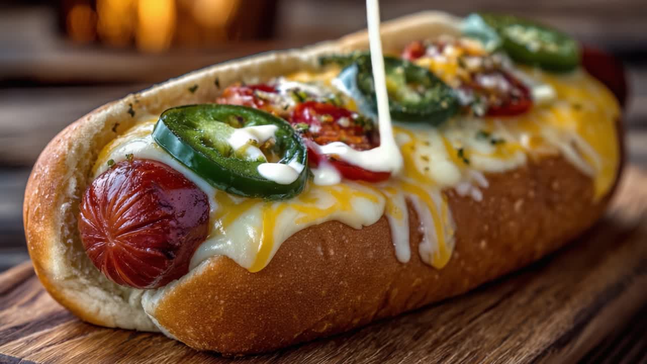 Delizioso Hot Dog Gourmet con Formaggio Fuso, Jalapeños Freschi e Pomodorini, Perfettamente Grigliato e Condito con Salsa Cremosa per un'Esperienza di Gusto Irresistibile