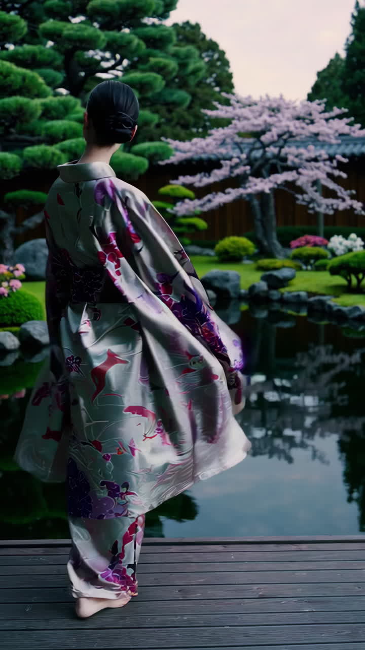 Elegant Woman in Kimono in a Japanese Garden