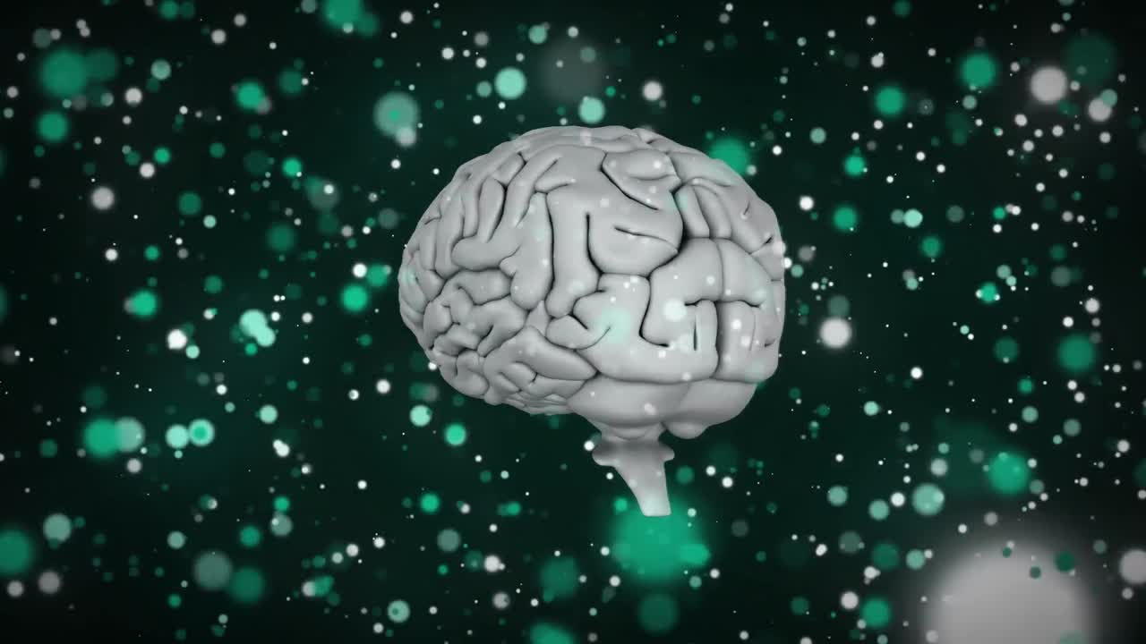 cerebro humano girando contra manchas verdes de luz en un fondo negro
