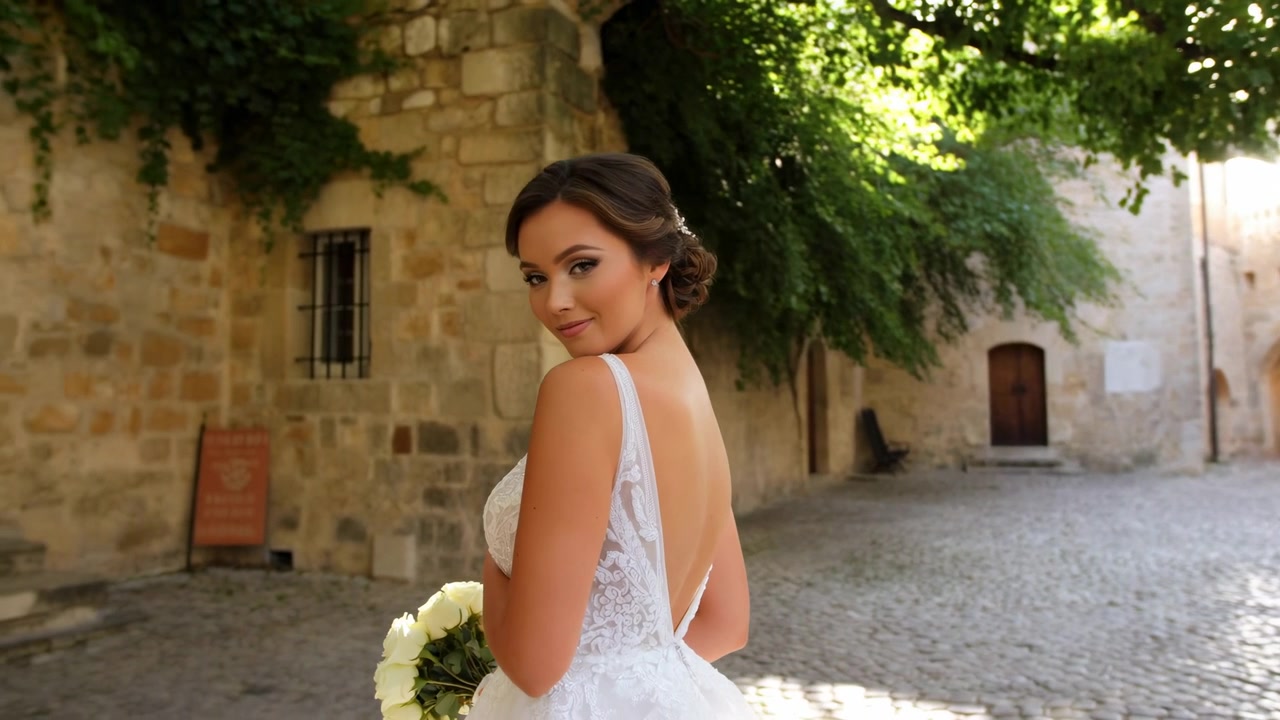 Novia caucásica en patio de piedra, suave luz solar moteada a través de un árbol frondoso, sosteniendo un ramo blanco, vistiendo.
