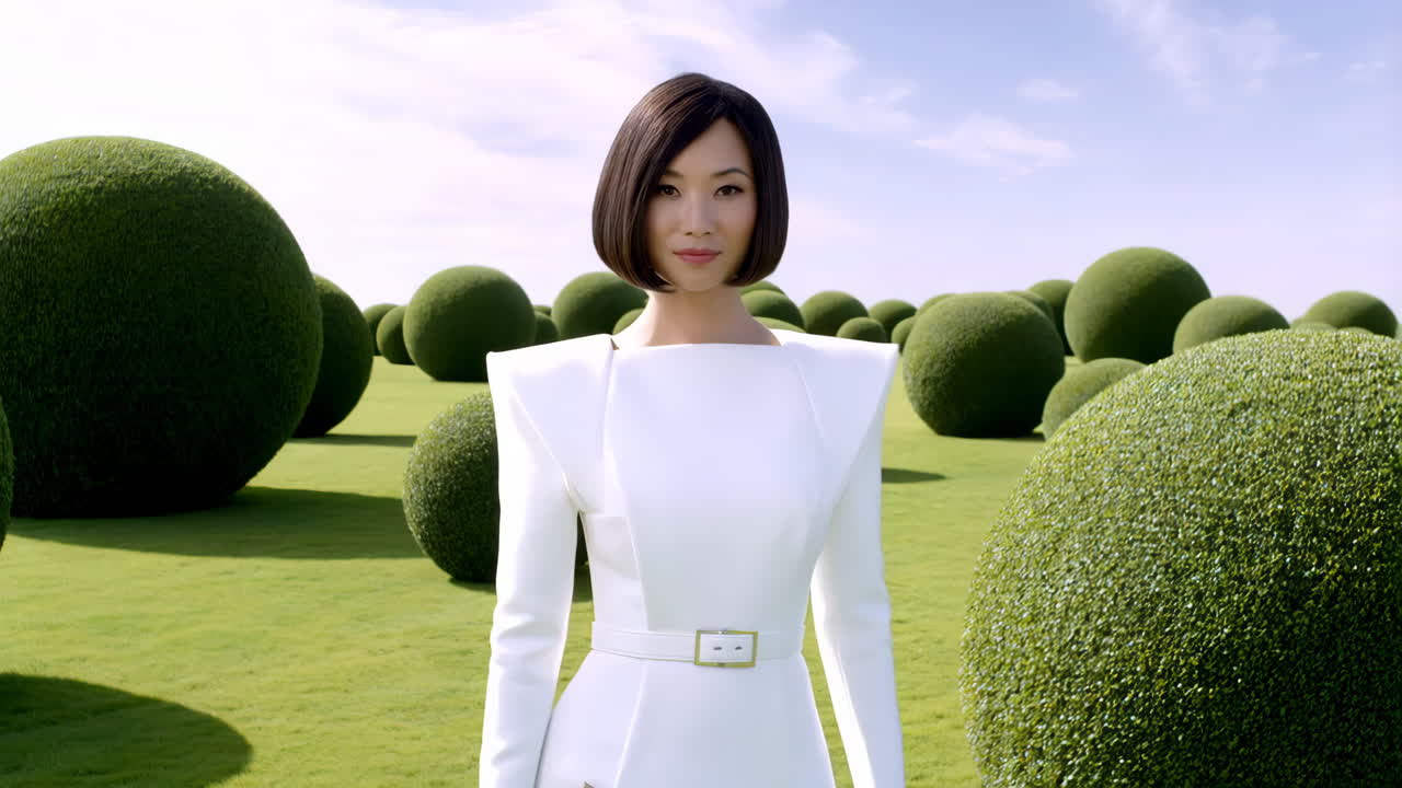 A woman in a futuristic white outfit stands in a surreal landscape with spherical topiaries