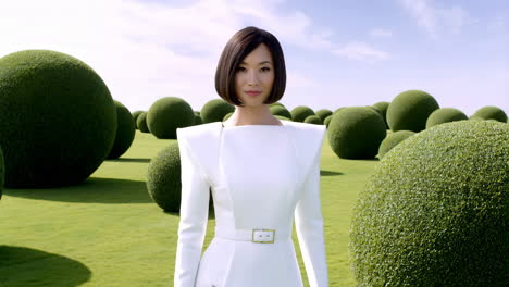 a woman in a futuristic white outfit stands in a surreal landscape with spherical topiaries
