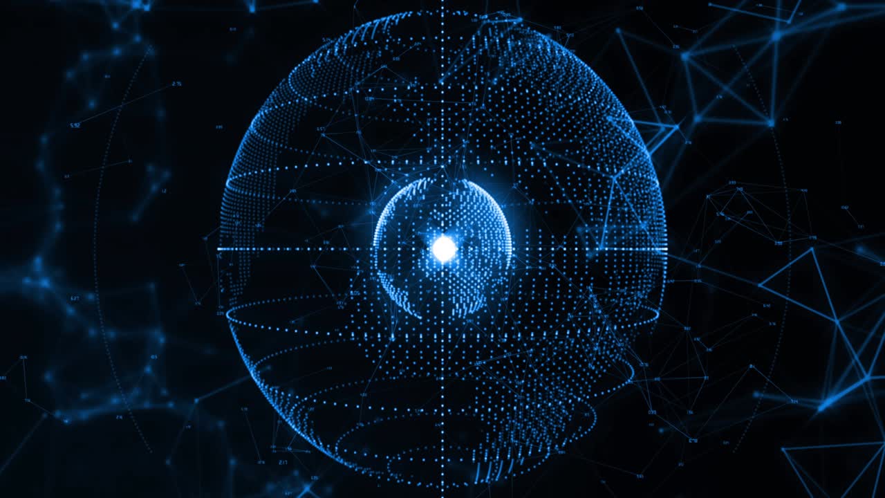 Binary ribbon sliding triggers glowing sphere spawning linked icon nodes, showing rising data flow