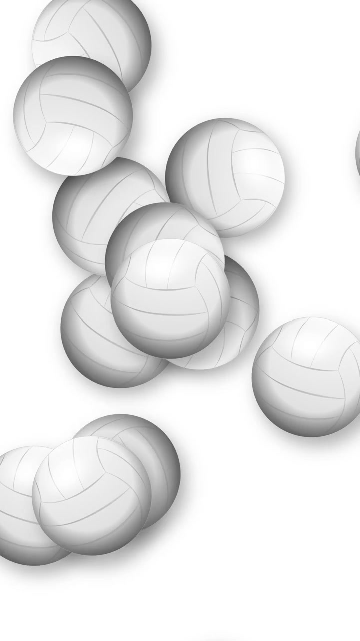 Dynamic 3D volleyballs bounce and collide in a vertical animation over a clean white backdrop.