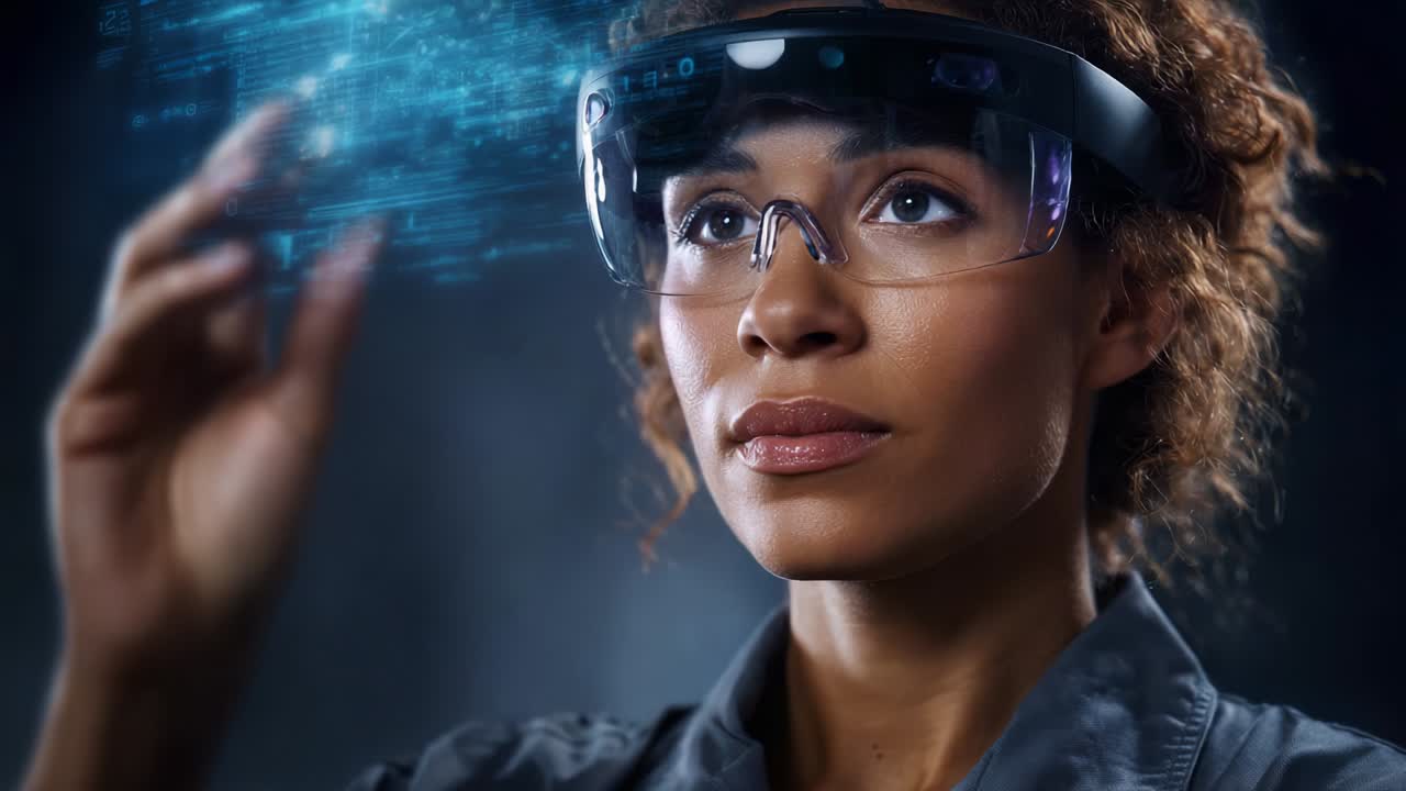 A focused woman uses augmented reality technology to interact with a digital interface, showcasing innovative features and advanced visualizations, embodying the future of human-computer interaction and immersive experiences