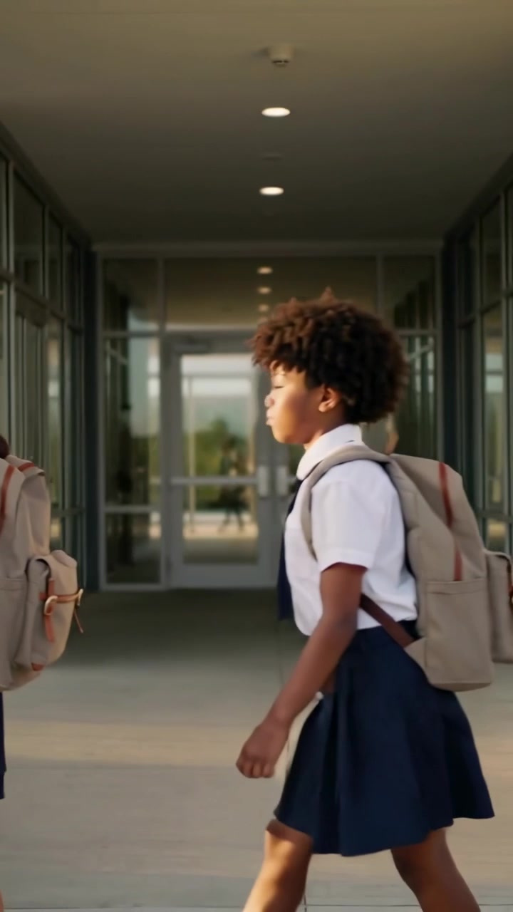 Vertical video: Entering from left, uniformed students walking at school with beige backpacks