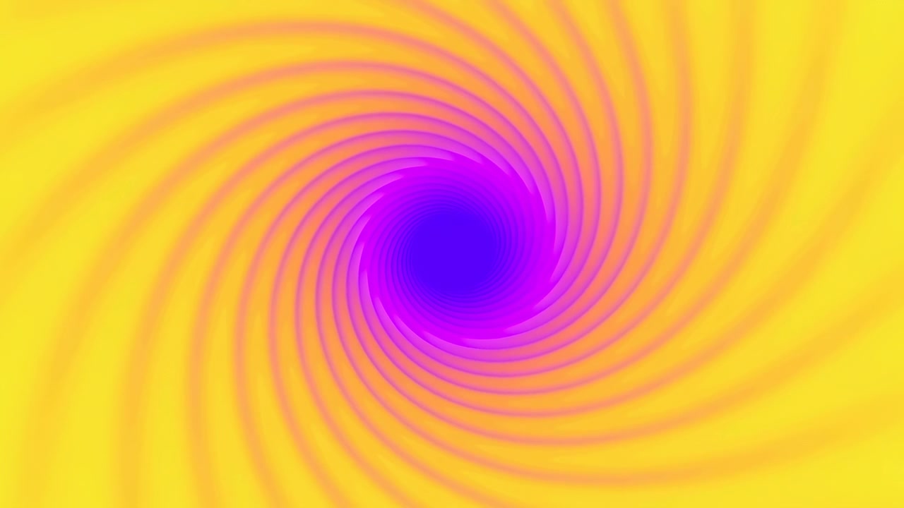 A short abstract sequence shows a vivid purple vortex rotating near the center of the frame against a glowing yellow background