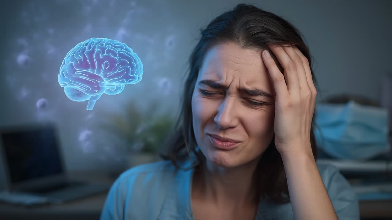 Feeling headache causing holographic brain pulsing, woman gripping head at home office, with laptop