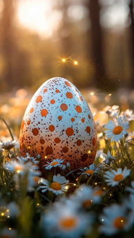 colorful speckled egg resting among daisies in a sunlit meadow