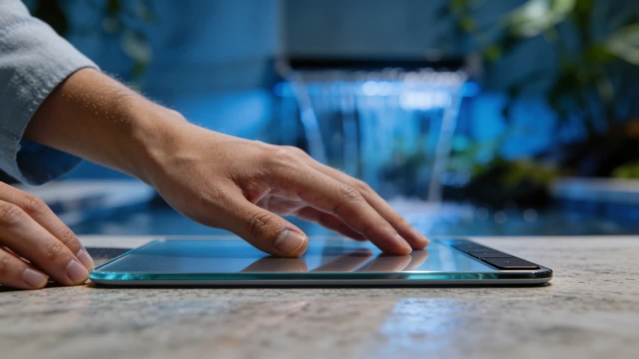 Dita sospese che iniziano uno swipe, polsino blu che scorre su un tablet su un tavolo di pietra, cascata, telecomando scuro.