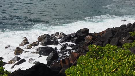 hd slow motion hawaii kauai static of ocean waves crashing from left to right on rocks along shoreline with shrubs in lower right foreground, four