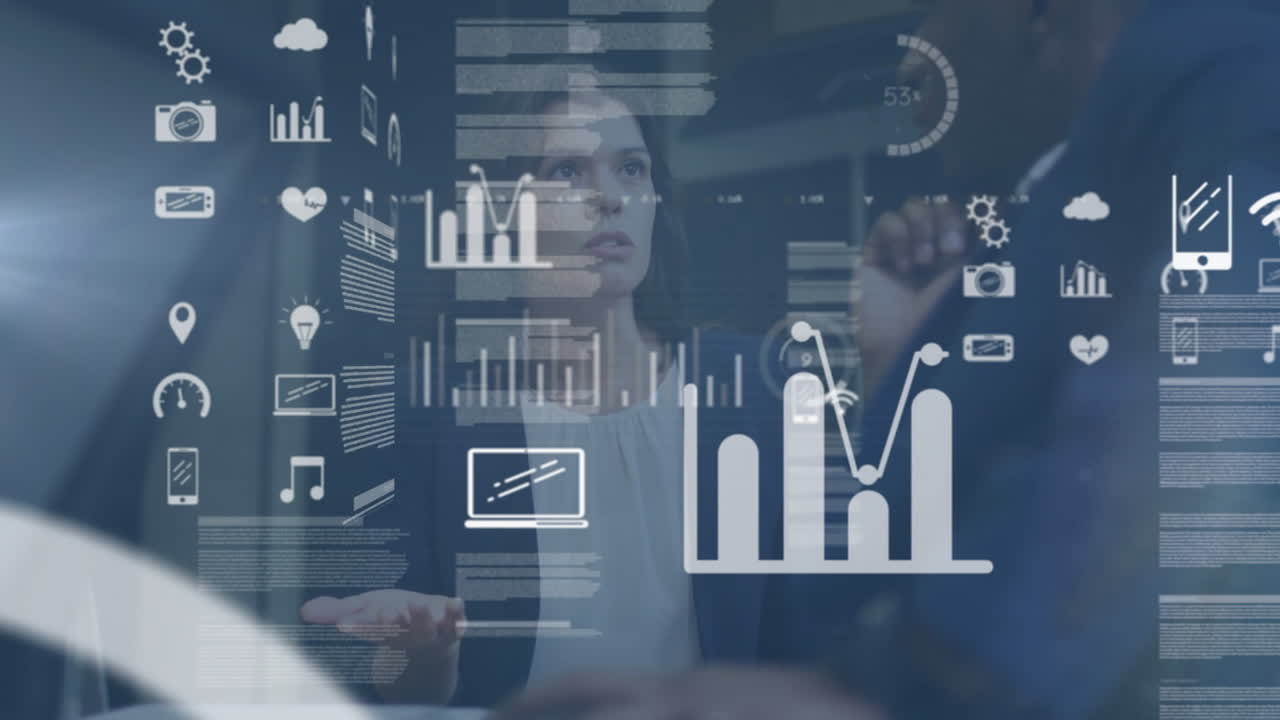 Animation of financial data processing over diverse business people