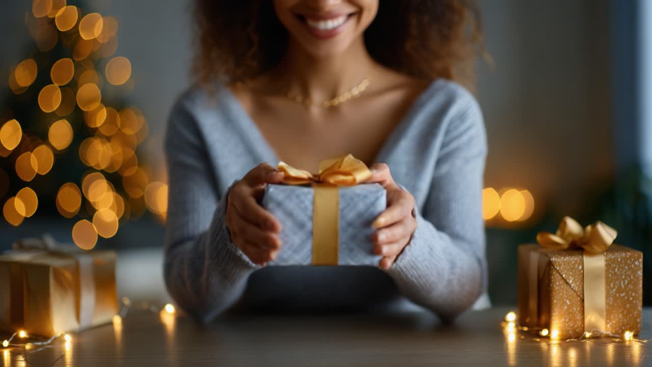 La gioia di scartare un regalo: celebrare lo spirito natalizio e le sorprese dei doni festivi con una donna bella e sorridente in un'atmosfera accogliente.