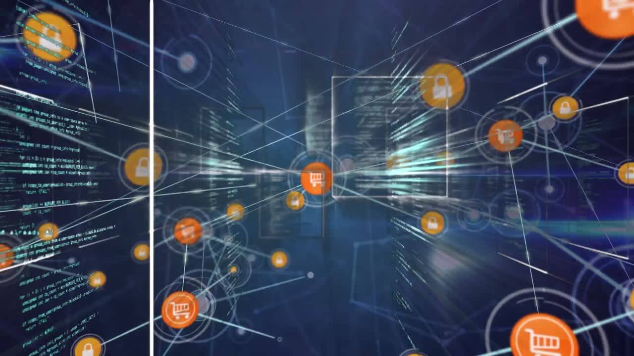 animación de datos de programación en bucle y movimiento de cerraduras e iconos de carrito de compras que se conectan con líneas