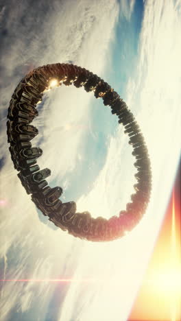 a futuristic ring-shaped spaceship orbiting a planet