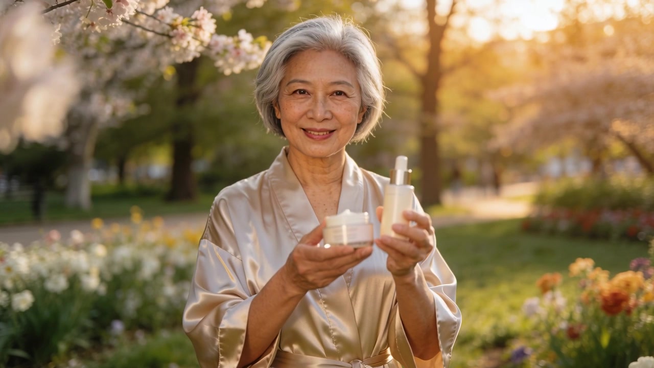 拍攝一位穿著金色長袍的年長模特兒，在公園裡擺弄乳霜罐和按壓瓶，宣傳護膚品。