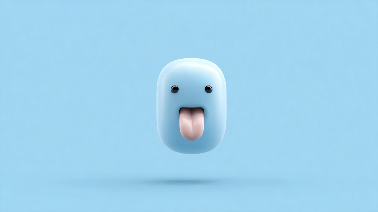 A playful and whimsical animated character with a blue rounded face sticking out its pink tongue, radiating a fun and lighthearted atmosphere against a soft blue background