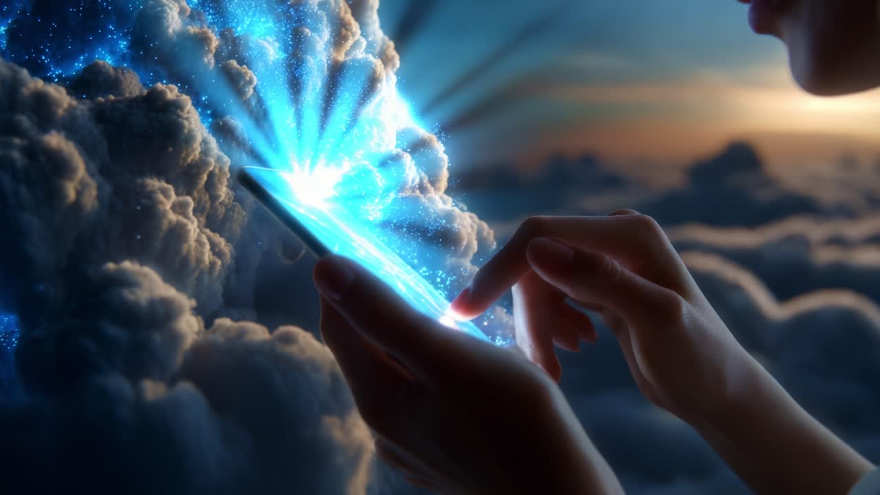 A Mystical Interaction: A Close-Up of a Person's Hand Using a Smartphone, Surrounded by Ethereal Clouds and Sparkling Light, Creating a Dreamlike Atmosphere and Sense of Technological Wonder