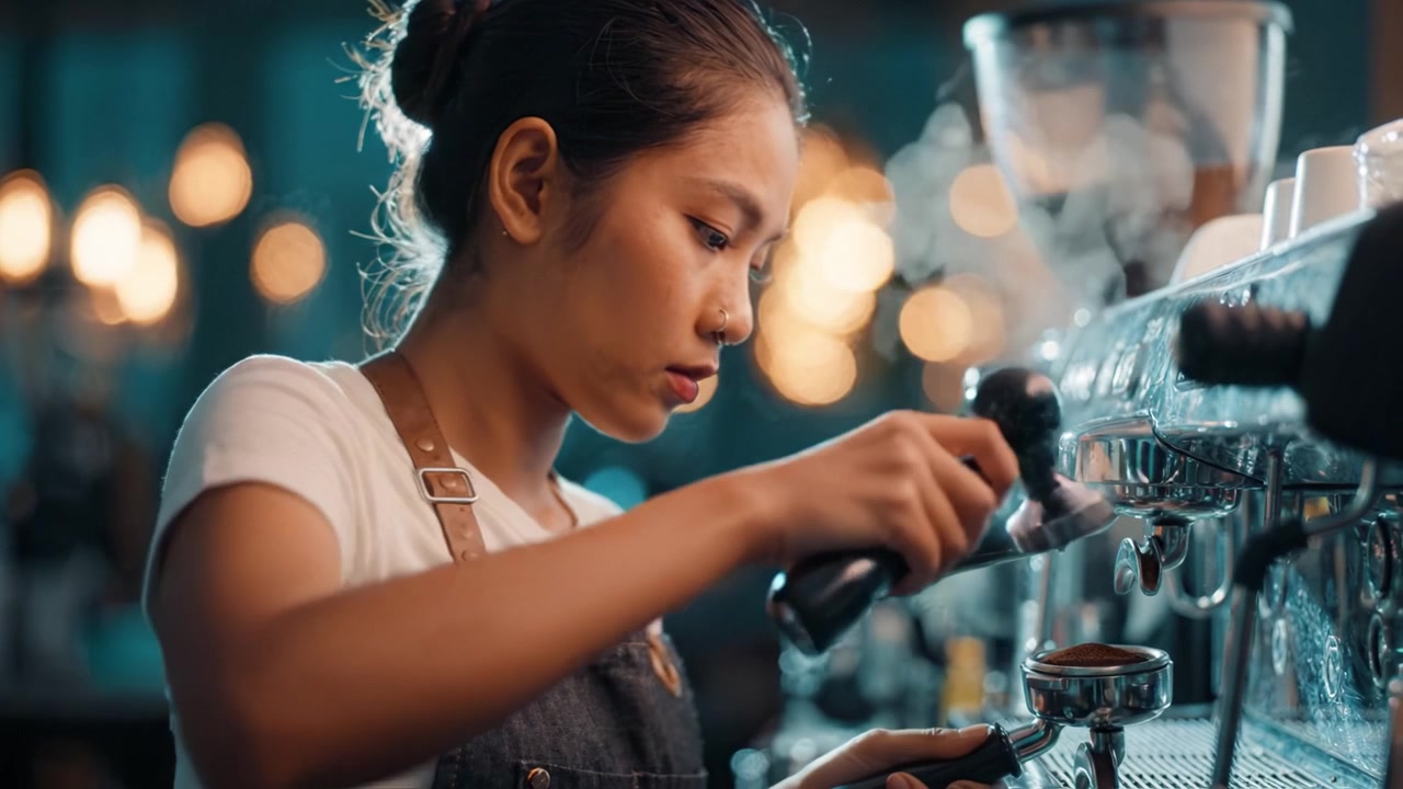 Un barista prepara con maestria un espresso, mettendo in mostra l'arte della preparazione del caffè in un ambiente di caffè suggestivo con illuminazione calda e attenzione ai dettagli.