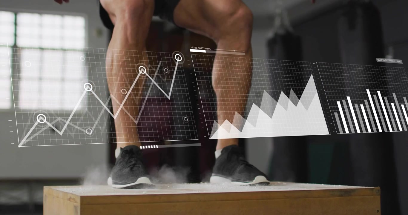 Male athlete approaching plyo box, bending knees and exploding upward, HUD updating fitness metrics