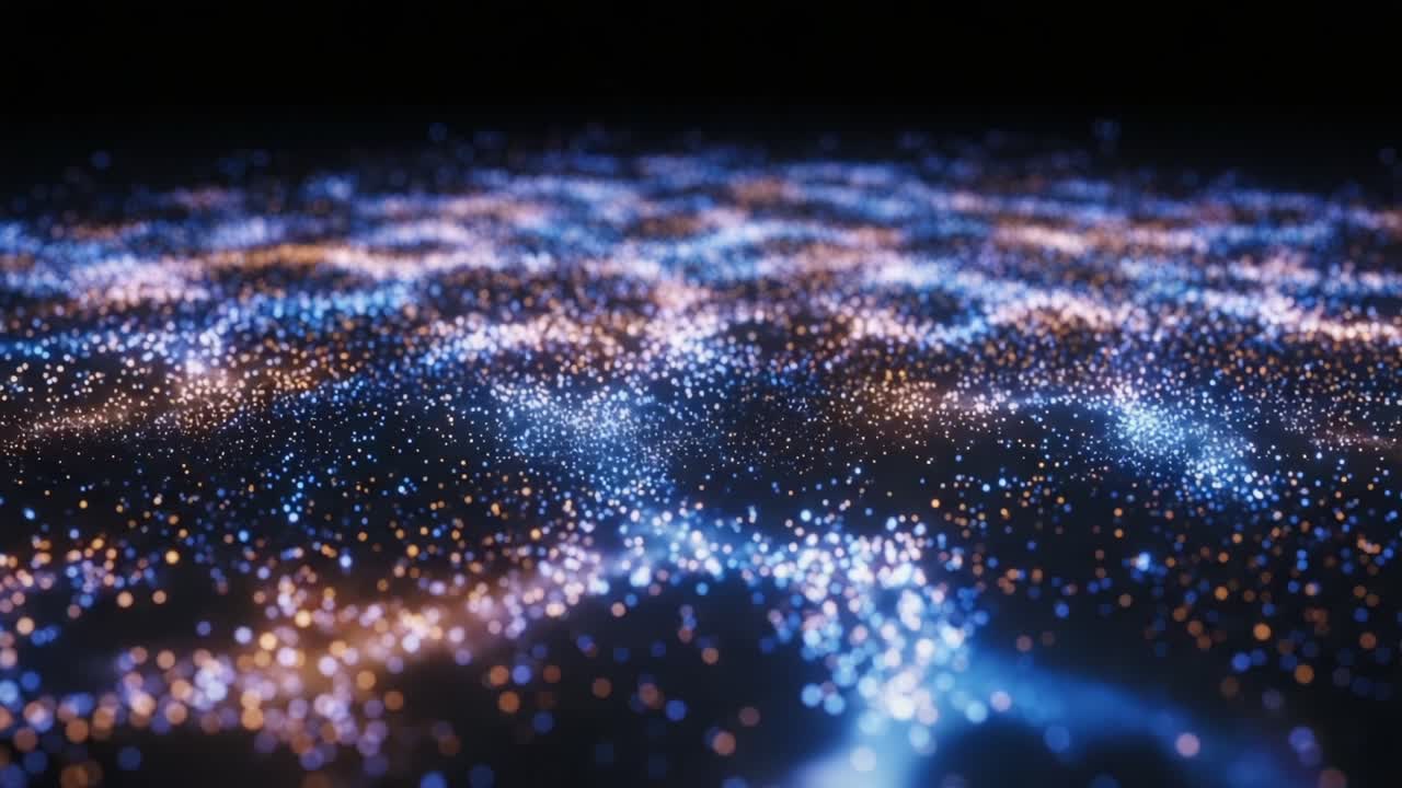 A Mesmerizing Display of Vibrant Particles Illuminating the Dark Surface, Creating an Ethereal Cosmic Landscape with Intertwined Blue and Orange Lights