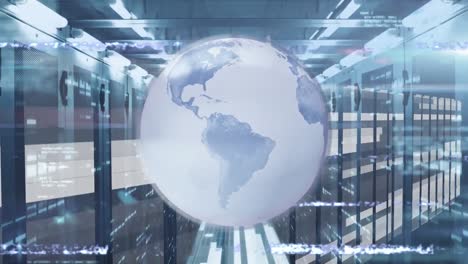 animación de líneas móviles con globo giratorio digital y datos sobre la sala del servidor
