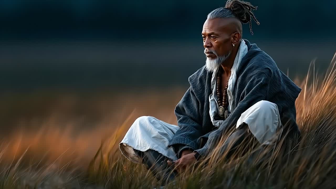 un hombre sentado en un campo de hierba alta