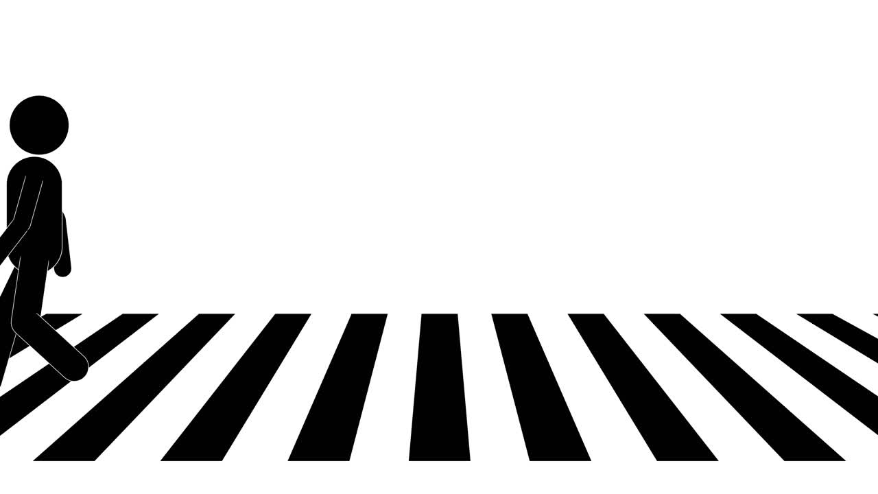 Minimal stick figures walk across bold zebra crosswalk, smooth side-scrolling motion, high-contrast graphics